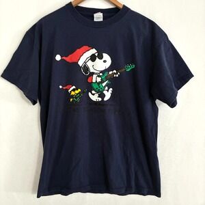 Vtg Snoopy Woodstock Christmas Shirt Adult L Tis Season To Rock Santa Guitar Tee